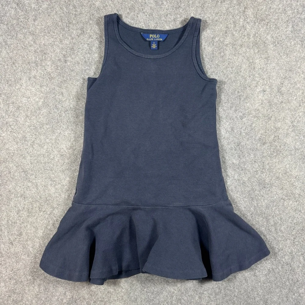 Polo Ralph Lauren Dress Girls 6 Navy Blue Drop Waist Peplum Sleeveless Jersey
